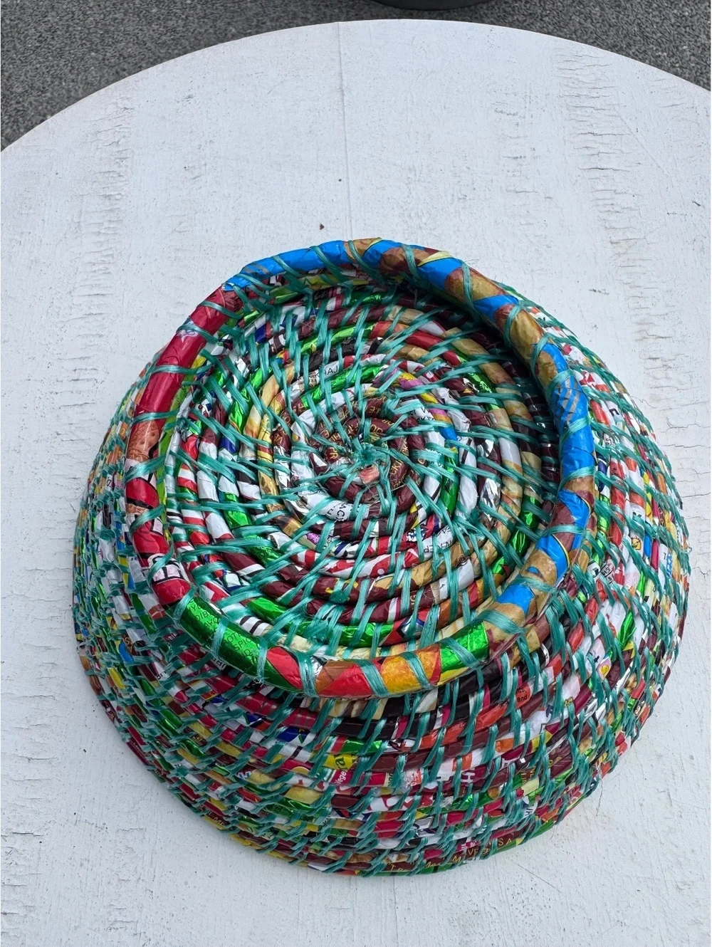 Handmade Upcycled Recycled Wrapper Basket Bowl Colorful Woven Folk Art 12”